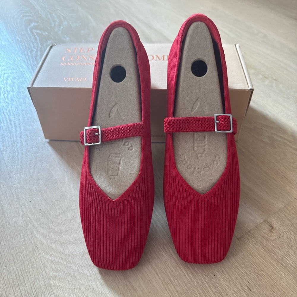 Red Vivaia Knit Flats with Buckle Strap